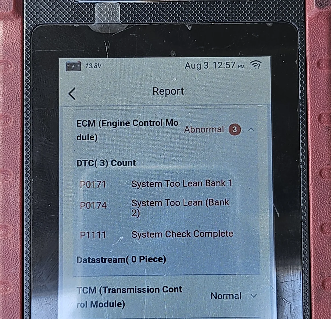 Diagnostic scanner showing engine fault codes during the X308 recommissioning