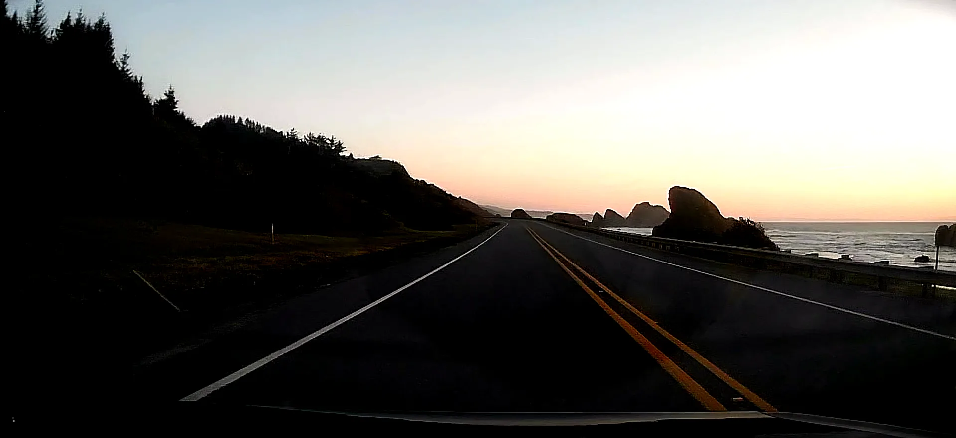 Driving the Oregon coast at sunset