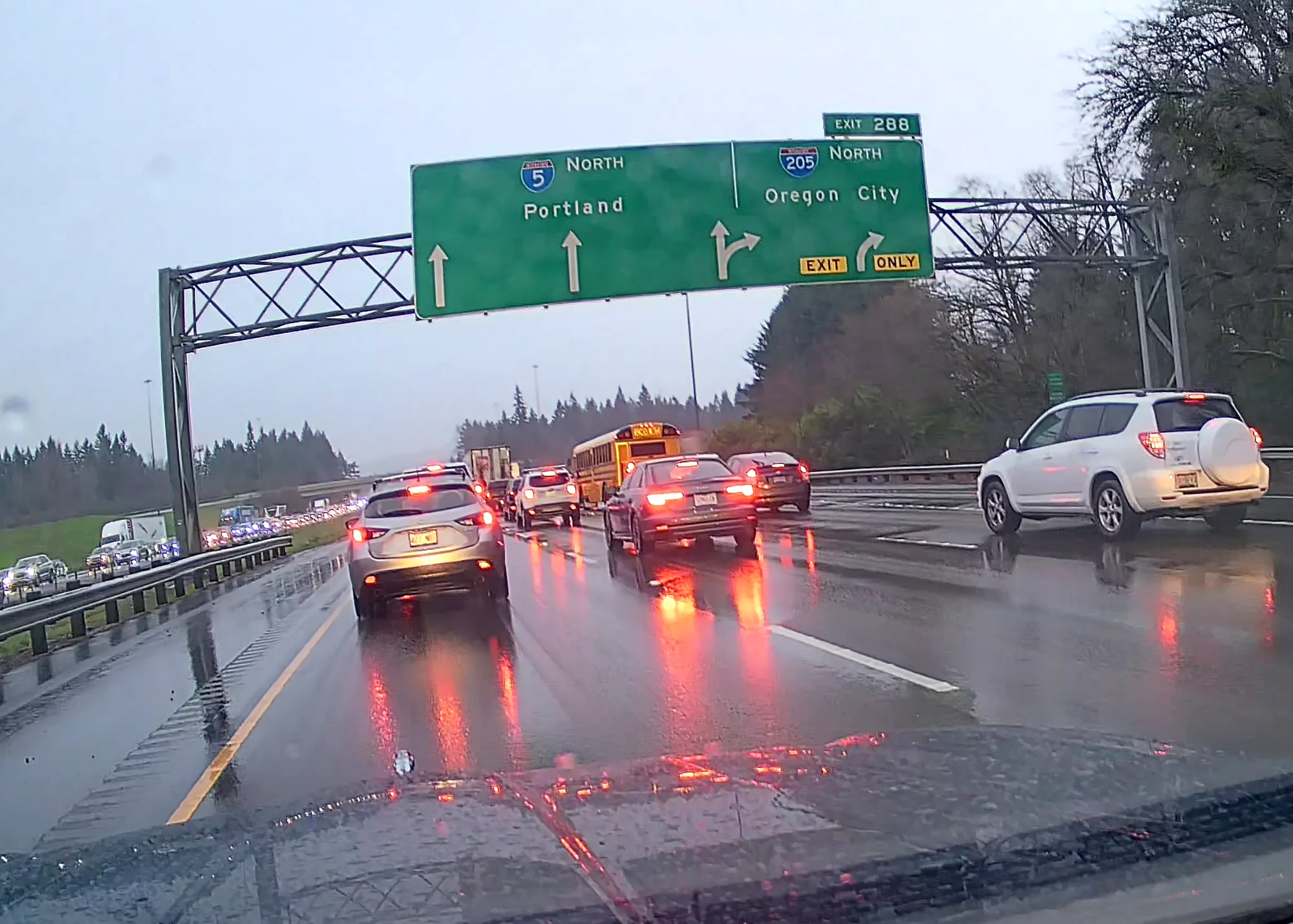 Rainy traffic approaching Portland on Interstate 5